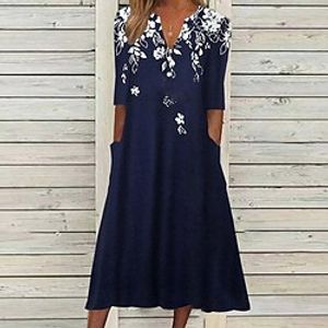 Women's Shift Dress Swing Dress Navy Blue Half Sleeve Floral Pocket Fall Spring Autumn V Neck Loose Fit 2022 S M L XL miniinthebox