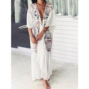 Women's Cover Up Beach Formal Dress Beach Wear Long Formal Dress Maxi Formal Dress Lace Tropical Fashion Plain V Neck 34 Length Sleeve Loose Fit Outdoor Daily White 2023 Summer Spring One Size Lightinthebox