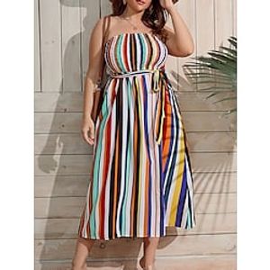 Women's Plus Size Casual Dress Sundress A Line Dress Rainbow Stripe Midi Dress Sleeveless Backless Print Strapless Fashion Outdoor Yellow Summer Spring L XL XXL 3XL 4XL Lightinthebox