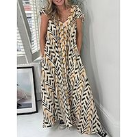 Women's Casual Dress Swing Dress Summer Dress Geometric Stripe Pocket Print V Neck Long Dress Maxi Dress Fashion Classic Outdoor Daily Short Sleeve Regular Fit Apricot Summer Spring S M L XL Lightinthebox - thumbnail