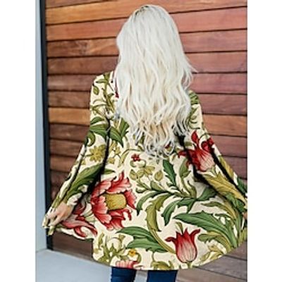 Women's Trench Coat Causal Print Floral Casual  Daily Fashion Loose Fit Outerwear Long Sleeve Spring Light Green Lightinthebox