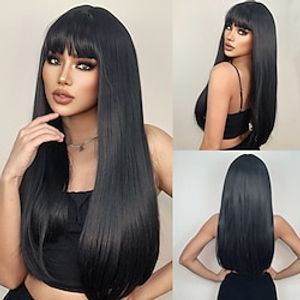 HAIRCUBE Black Long Straight Kinky Synthetic Wigs With Bangs for Women Hair Color Ideas For Brunettes For Summer miniinthebox