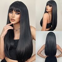 HAIRCUBE Black Long Straight Kinky Synthetic Wigs With Bangs for Women Hair Color Ideas For Brunettes For Summer miniinthebox - thumbnail