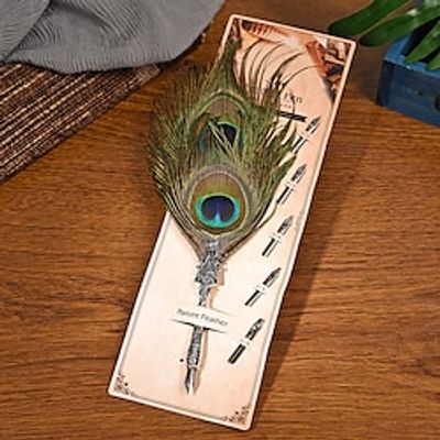 European-Style Retro Business Gift Set With Peacock Feather Quill Pen, Stainless Steel Nib And Inkwell - Perfect For Writing And Calligraphy, Ideal Birthday Present For Teachers, Parents, And Students miniinthebox