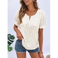 Women's Lace T-shirt Plain Daily Vacation Lace Puff Sleeve White Short Sleeve Fashion V Neck Summer Lightinthebox