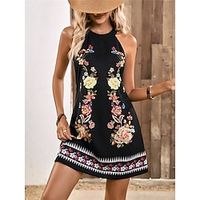 Women's Vintage Dress Casual Dress Floral Print Halter Neck Mini Dress Vintage Ethnic Street Vacation Sleeveless Regular Fit Black Summer S M L XL XXL Lightinthebox - thumbnail
