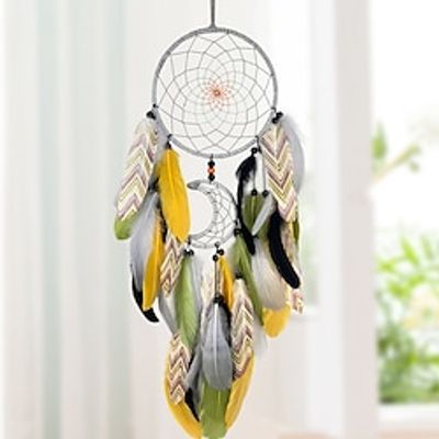 Moon Dream Catcher Handmade Gift Feather Hook Flower Wind Chime with Two Circles Ornament Wall Hanging Decor Art Boho Style miniinthebox