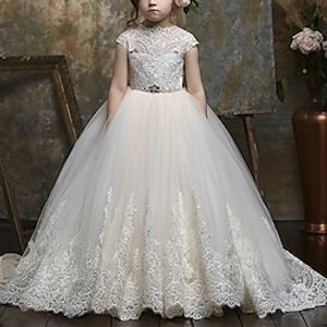 Princess Sweep  Brush Train Flower Girl Dresses Party Polyester  Cotton Blend Cap Sleeve Jewel Neck with Appliques 2022 Lightinthebox