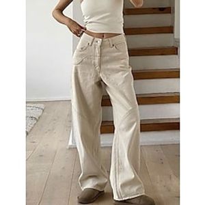 Women's Jeans Pants Trousers Straight Faux Denim Beige Fashion Streetwear Daily Daily Wear Vacation Pocket Full Length Breathability Plain S M L XL Lightinthebox