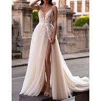 Beach Boho Wedding Dresses A-Line Camisole V Neck Sleeveless Court Train Tulle Bridal Gowns With Embroidery Appliques 2024 Lightinthebox - thumbnail