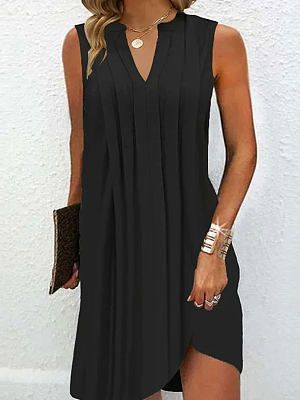 V-Neck Loose Casual Pleated Holiday Sleeveless Short Dress