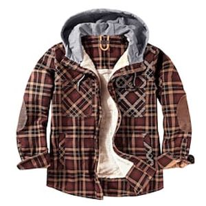 Men's Winter Jacket Shirt Jacket Winter Coat Sherpa jacket Hoodie Jacket Flannel Jacket Warm Casual Jacket Outerwear Plaid  Check Green Blue Khaki Lightinthebox
