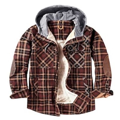 Men's Winter Jacket Shirt Jacket Winter Coat Sherpa jacket Hoodie Jacket Flannel Jacket Warm Casual Jacket Outerwear Plaid  Check Green Blue Khaki Lightinthebox