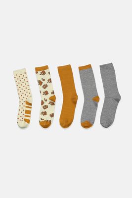 Womens 5 Pair Crew Socks  Grey/Beige/Khaki