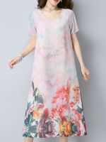 Retro Women Flower Printed Short Sleeve O-Neck Dress