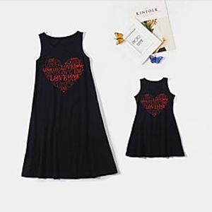 Mommy and Me Valentines Dresses Cotton Heart Letter Daily Print Black Sleeveless Knee-length Tank Dress Cute Matching Outfits / Summer / Long miniinthebox