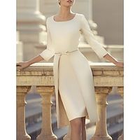 Sheath  Column Mother of the Bride Dress Formal Wedding Guest Elegant Jewel Neck Knee Length Stretch Fabric 34 Length Sleeve with Bow(s) Crystals 2023 Lightinthebox - thumbnail