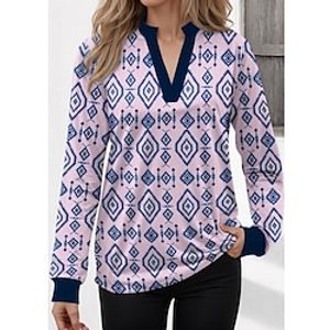 Women's Shirt Blouse Geometric Black White Pink Print Long Sleeve Casual Fashion V Neck Regular Fit Spring   Fall Lightinthebox