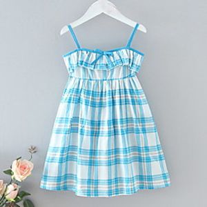 Kids Little Girls' Dress Plaid Print Light Blue Knee-length Sleeveless Basic Dresses Summer Regular Fit 3-8 Years miniinthebox