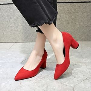 Women's Heels Work Chunky Heel Pointed Toe Minimalism Faux Suede Loafer Solid Color Black Red Lightinthebox