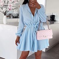 Women's Shirt Dress Short Mini Dress White Black Army Green Light Blue Long Sleeve Pure Color Lace up Fall Winter Shirt Collar Casual 2022 S M L XL XXL miniinthebox - thumbnail