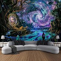 Blacklight Tapestry UV Reactive Glow in the Dark Clock Time Traveler Trippy Misty Forest Nature Landscape Hanging Tapestry Wall Art Mural for Living Room Bedroom Lightinthebox