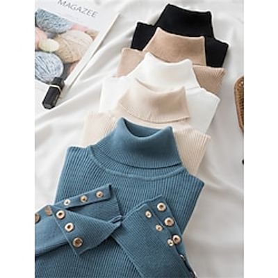 Women's Turtleneck Pullover Sweater Jumper Ribbed Knit Polyester Button Knitted Fall Winter Regular Outdoor Daily Going out Fashion Casual Soft Long Sleeve Solid Color Black White Blue One-Size Lightinthebox