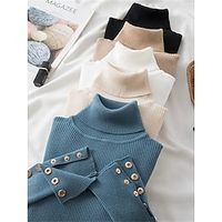 Women's Turtleneck Pullover Sweater Jumper Ribbed Knit Polyester Button Knitted Fall Winter Regular Outdoor Daily Going out Fashion Casual Soft Long Sleeve Solid Color Black White Blue One-Size Lightinthebox - thumbnail