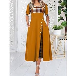 Women's Elegant Dress Plaid Print Crew Neck Midi Dress Elegant Stylish Party Vacation Short Sleeve Regular Fit Black Yellow Wine Summer Spring S M L XL 2XL Lightinthebox