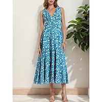 Women's Casual Dress Swing Dress Floral Print V Neck Long Dress Maxi Dress Streetwear Maxi Street Holiday Sleeveless Regular Fit Blue Summer Spring S M L XL XXL Lightinthebox