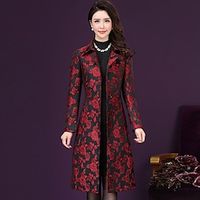 Women's Trench Coat Going out Winter Fall Maxi Coat Regular Fit Jacket Long Sleeve Floral Print Red miniinthebox - thumbnail