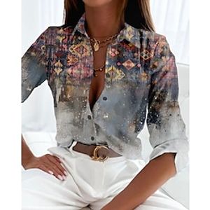 Women's Shirt Blouse Gray Geometric Button Print Long Sleeve Casual Basic Shirt Collar Regular Geometric S miniinthebox