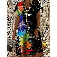 Women's T Shirt Dress Tee Dress Knee Length Dress Black Short Sleeve Print Color Block Print Spring Summer V Neck Casual Holiday 2021 S M L XL XXL 3XL miniinthebox - thumbnail
