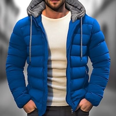 Men's Winter Coat Puffer Jacket Pocket Hooded Office  Career Date Casual Daily Warm Winter Color Block Black Red Navy Blue Blue Puffer Jacket miniinthebox