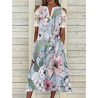 Women's A Line Dress Midi Dress Light Blue Short Sleeve Floral Print Print Spring Summer V Neck Casual 2022 S M L XL XXL 3XL Lightinthebox - thumbnail