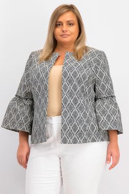 Womens Plus Size Printed Bell-Sleeve Jacket Black Combo Womens Plus Size Printed Bell-Sleeve Jacket Black Combo