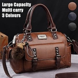 Women's Handbag Crossbody Bag Shoulder Bag Boston Bag PU Leather Office Daily Holiday Pendant Rivet Zipper Large Capacity Waterproof Durable Solid Color Retro Brown Black Navy Blue miniinthebox
