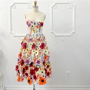 A-Line Cocktail Dresses Floral Dress Summer Knee Length Sleeveless Strapless Tulle with Appliques 2023 Lightinthebox
