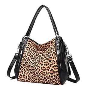 Women's Tote Shoulder Bag PU Leather Buttons Zipper Solid Color Daily Outdoor Leopard Black Lightinthebox