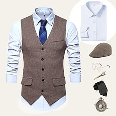 Retro Vintage Roaring 20s 1920s Outfits Shirt Waistcoat Beret Hat Newsboy Cap Gentleman Gangster Men's Cosplay Costume Halloween Party  Evening Prom Festival Vest Lightinthebox
