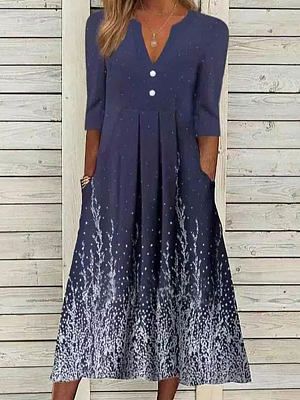 V-neck Casual Loose Floral Print Short Sleeve Midi Dress