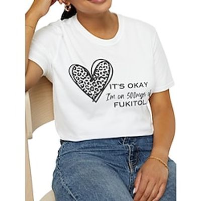 Women's T shirt Tee 100% Cotton Leopard Heart Letter White Print Long Sleeve Valentine's Day Going out Weekend Fashion Round Neck I'm on 500mg of FUKIYOL Regular Fit Summer Lightinthebox