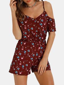 Cold Shoulder Floral Print Short Sleeve V-neck Women Jumpsuit