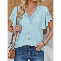 Women's Lace Shirt Lace Flutter Sleeve Black Short Sleeve Crew Neck Summer Lightinthebox