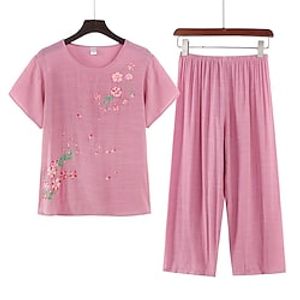 Women's Loungewear Sets Nighty Flower Simple Comfort Home Mother's Day Cotton Crew Neck Short Sleeve T shirt Tee Embroidery Spring Summer Green Blue Lightinthebox