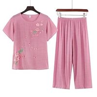 Women's Loungewear Sets Nighty Flower Simple Comfort Home Mother's Day Cotton Crew Neck Short Sleeve T shirt Tee Embroidery Spring Summer Green Blue Lightinthebox - thumbnail