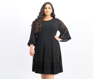 Womens Plus Size Bell Sleeve Lace-Trim Fit & Flare Dress  Black