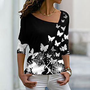 Women's Floral Theme Butterfly Painting T shirt Butterfly Dandelion Print V Neck Basic Tops Black / 3D Print miniinthebox