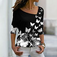 Women's Floral Theme Butterfly Painting T shirt Butterfly Dandelion Print V Neck Basic Tops Black / 3D Print miniinthebox - thumbnail