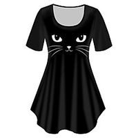 Women's Plus Size Tops T shirt Print Cat Graphic Animal Large Size Crewneck Short Sleeve Basic Big Size XL XXL 3XL 4XL 5XL Black Lightinthebox - thumbnail